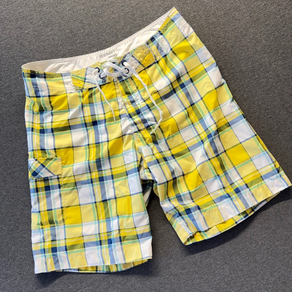 Old Navy Mens Plaid Board Shorts Yellow Blue Swim Trunks Size Large Cargo Pocket